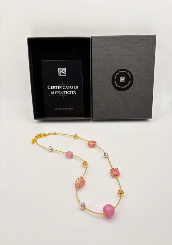 Image 1 of Murano Glass Necklace with Gold Leaf – Handcrafted Pink Beads – 47 cm – with Certificate
