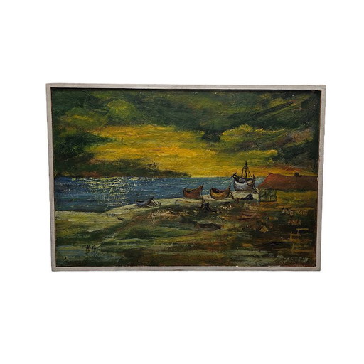 Aziatisch olieverf schilderij op board Hong Kong, jaren 70