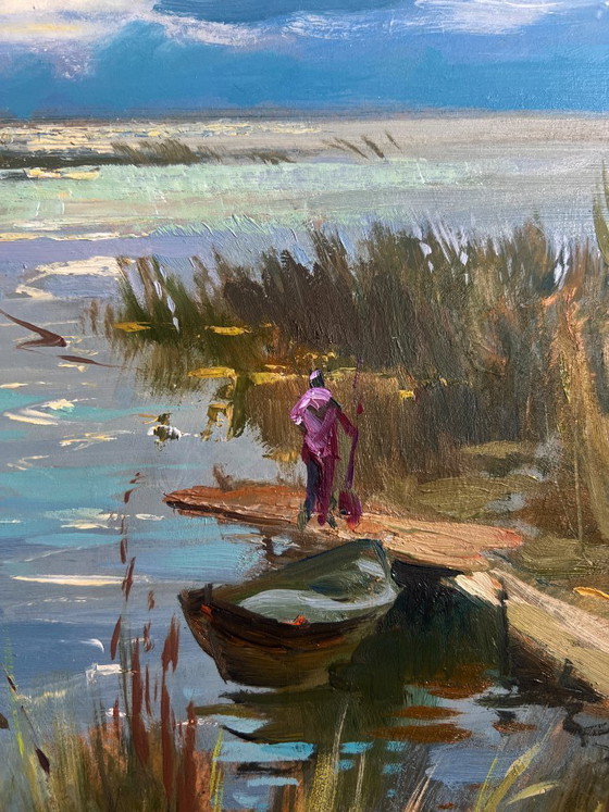 Image 1 of Peinture à l'huile originale représentant un paysage côtier au coucher du soleil