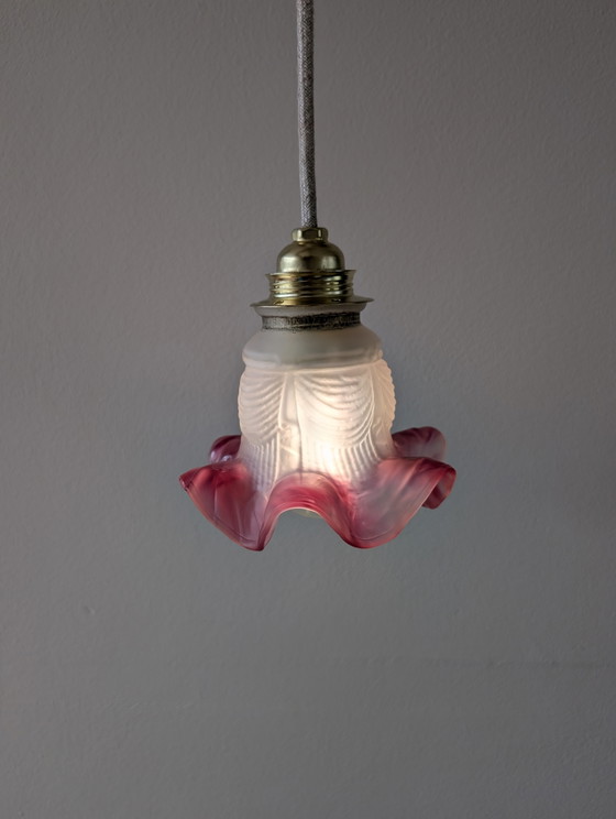Image 1 of beautiful unique small vintage pendant lamp opaline shade pink ruffled edge