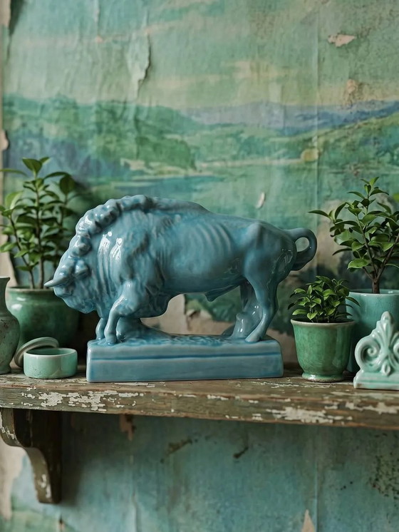 Bisonte Zsolnay in maiolica smaltata turchese, Ungheria, anni '40-'50. – Oggetti decorativi, Porcellana (photo 2 of 15)