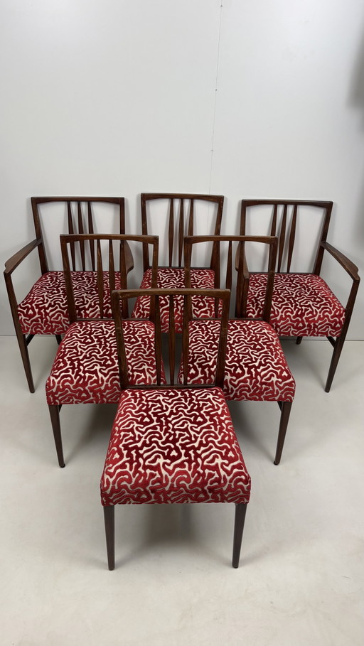 6 x Vintage Gordon Russell Dining Chairs Wood W.H. Curly Coral Print Seat – eetkamerstoelen, Velvet