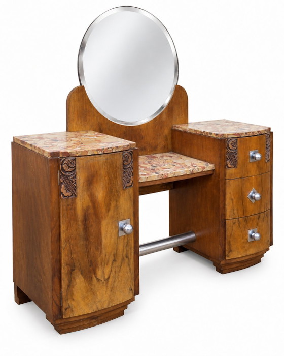 Set Toeletta Art Déco 1930 in Noce con Piano in Marmo e Comodino – Tolette, Wood, Marble (photo 4 of 14)