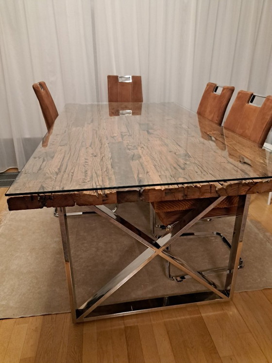 Image 1 of Luxury Richmond Dining Table – Reclaimed Oak Designer Chrome Table + 4 Chairs