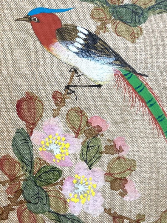 Image 1 of Chinesische Seidenmalerei, 1930, Volkskunst, Orientalische Bienenfresser, Signiert