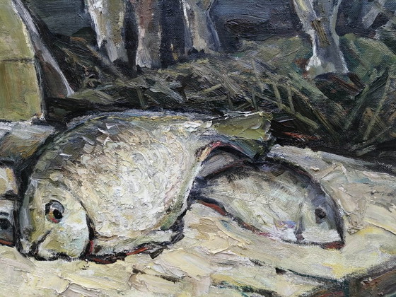 Dipinto a olio originale Natura morta Pesce sul tavolo – Dipinti e disegni, Tela (photo 6 of 11)