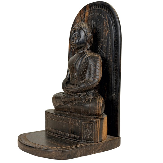 Buda de madera de calamandro de Sri Lanka en Dhyana Mudra con aureola – Lote 756 – Esculturas (photo 7 of 8)