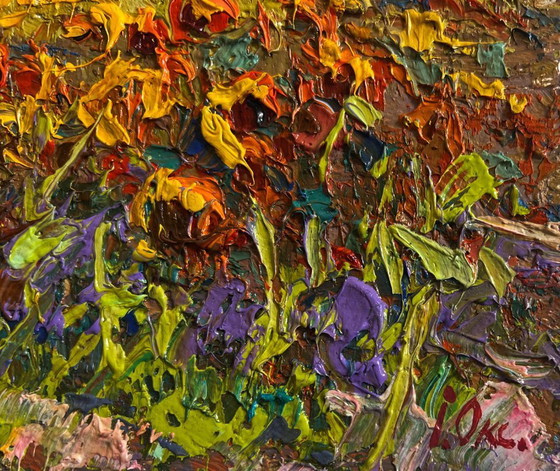 Image 1 of Original Oil Painting Day Flowers Landscape Sunflower field in the village