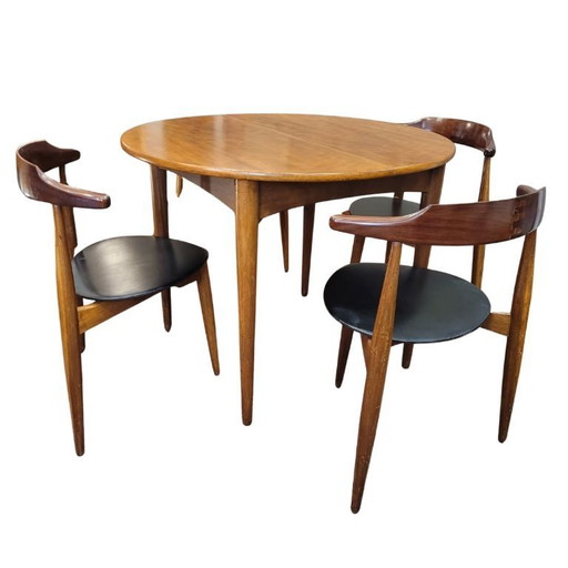 Eetkamerset, tafel en vier stoelen, naar Hans Olsen, Scandinavisch Modern, jaren 60 – Denemarken