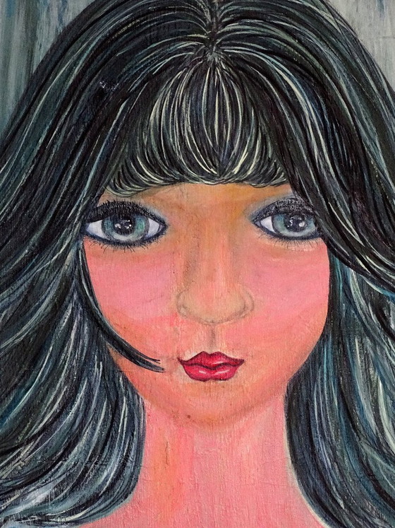 Painting of a woman with long dark hair, Paintings & Drawings, Wood, Canvas, Blue, Figuratief (photo 4 of 8)