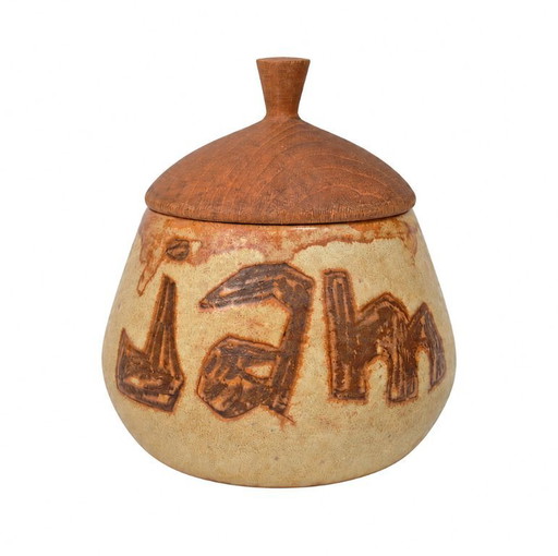 Pot à confiture Hannie Mein avec couvercle en teck / Céramique d'atelier néerlandaise / Vintage, années 1970-1980