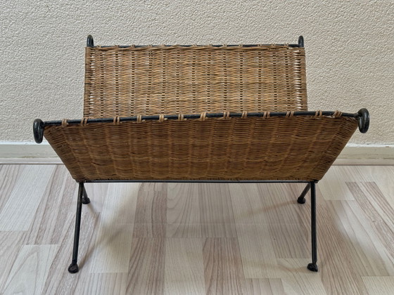 Image 1 of Vintage Rattan and Metal Magazine Rack