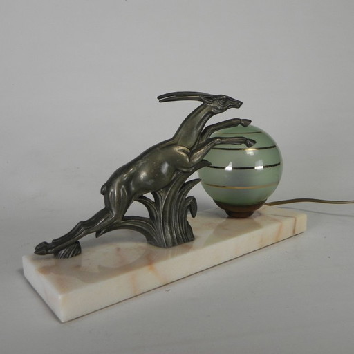Art Deco Tischlampe mit Glasschirm und Hirsch auf Marmorsockel, 30er Jahre