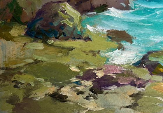 Image 1 of Original Oil Painting Coastal Sea Landscape Seagulls flying over the sea
