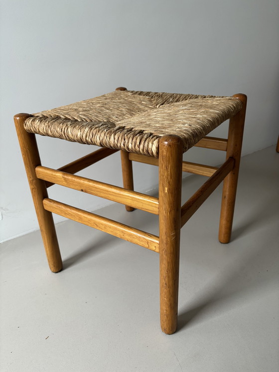 Image 1 of JUEGO DE 4 TABURETES BAJOS DE MADERA Y JUNCILLO DE JOHAN VAN HEUVEL PARA AD VORM, DÉCADA DE 1960