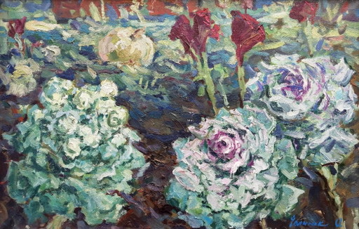 Origineel olieverfschilderij Kool in de tuin