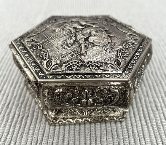 Image 1 of Antique, beautifully decorated silver-plated storage box/jewelry chest. Made in England.