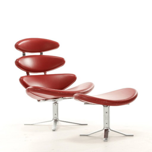 Fauteuil Corona En Cuir Rouge Avec Tabouret, Poul M. Volther, Édition Erik Jørgensen, Années 60