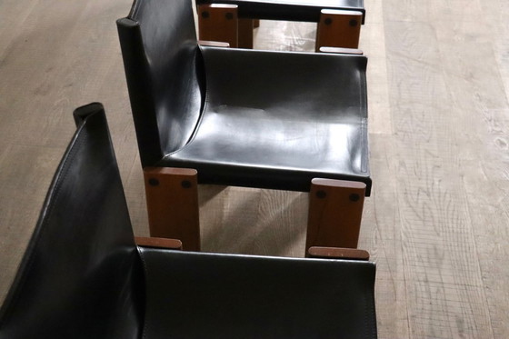 Image 1 of Set di 4 sedie da pranzo Monk in pelle nera Di Afra e Tobia Scarpa per Molteni 1974