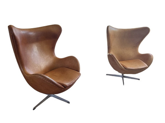 Image 1 of Arne Jacobsen Egg Chair – Fritz Hansen – Vintage leer donker walnoot – Designklassieker