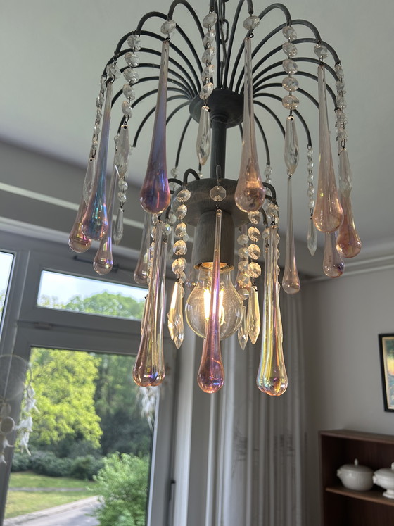 Image 1 of Lustre vintage orné de stalactites et de pampilles en verre, style Murano