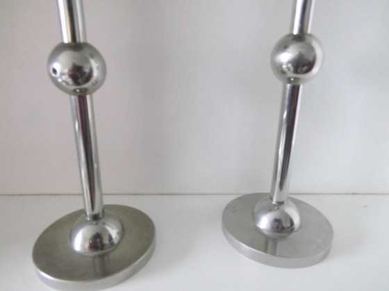 Candelabros de acero inoxidable estilo era espacial (par) – Pieza única hecha a mano – Portavelas, Metal (photo 3 of 5)