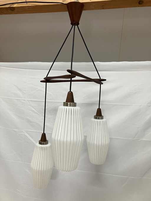 Vintage Scandinavian teak pendant lamp with 3 glass chalices