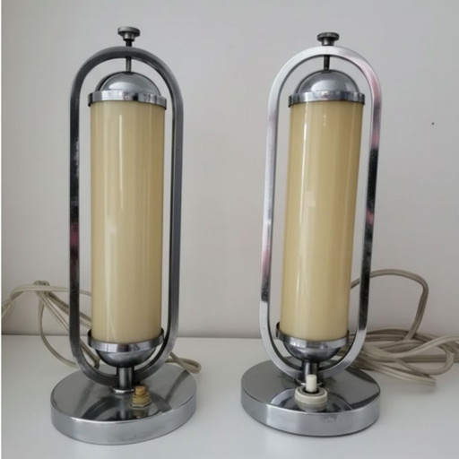 Pair of Bauhaus Functionalist Chrome Table Lamps, Czechoslovakia 1930s