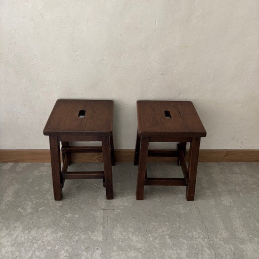 Set of 2 varnished wooden stools
