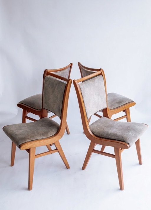 Set Van 4 Vintage Houten Eetkamerstoelen
