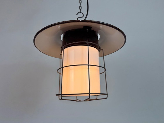 Image 1 of Industrial Grey Enamel Cage Pendant Lamp, 1960s