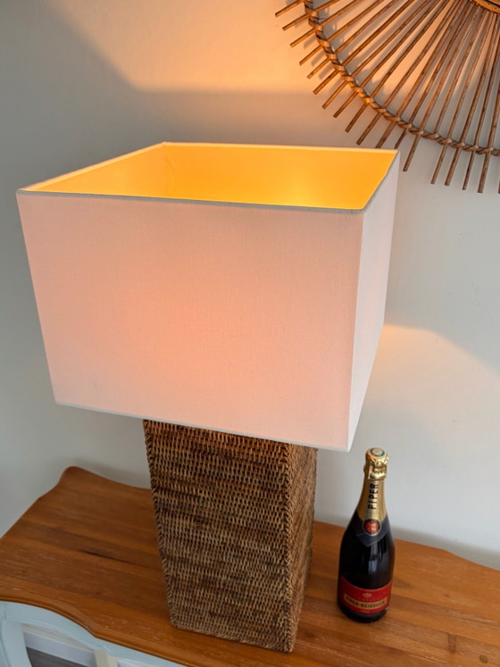 XXL Vintage Birman Osier & Rotin Colonne Lampe, Textile, Beige (photo 4 sur 15)