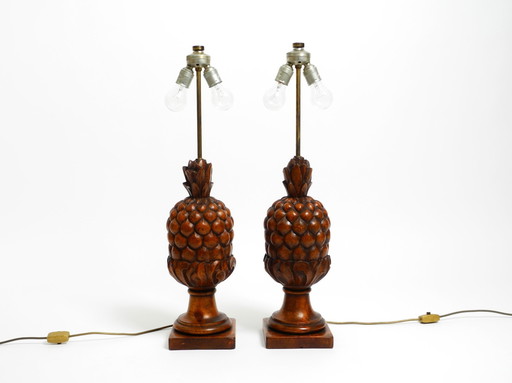 Paire de grandes lampes de table très décoratives Mid Century Modern "Pineapple" en pin teinté