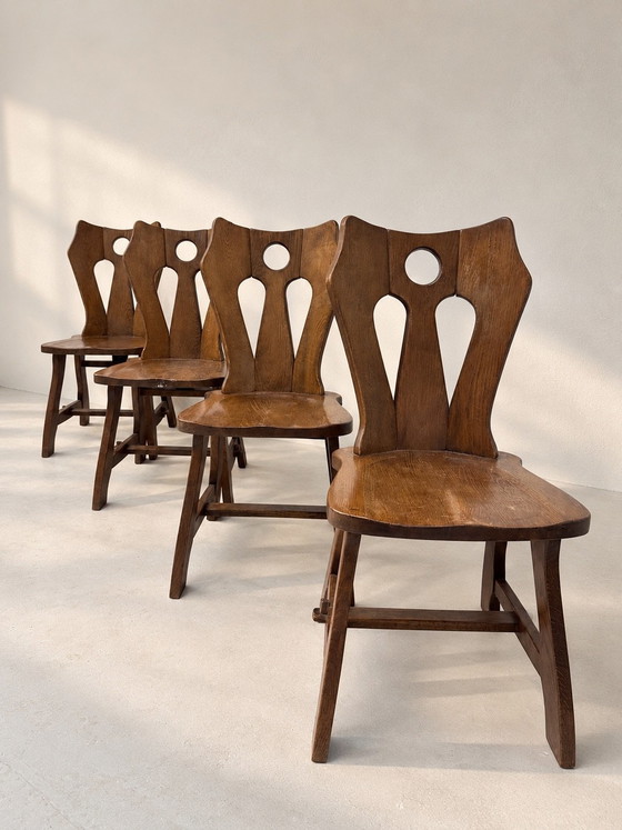 Set van 4 Vintage Brutalistische Massief Houten Eetkamerstoelen - Mid-Century Design, Bruin (foto 2 van 5)