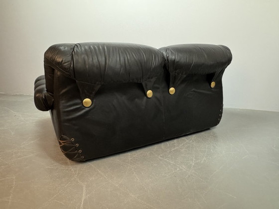 Image 1 of Beautiful Big Black Leather Postmodern Italian Design Space Age 2-Seat Lounge Sofa with Brass Buttons and Playful Cord Lacing.