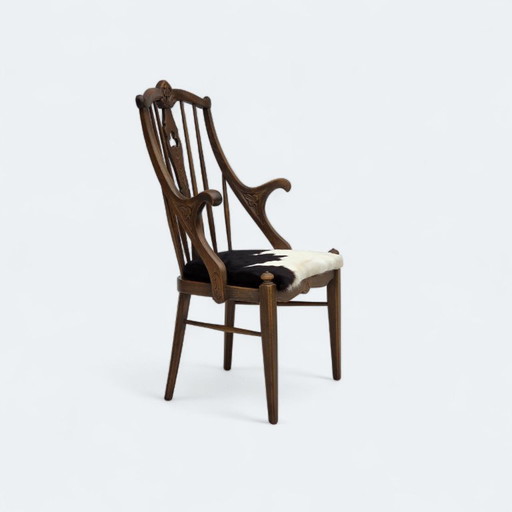 Danish high-backed armchair, reupholstered, furniture cowhide, oak.