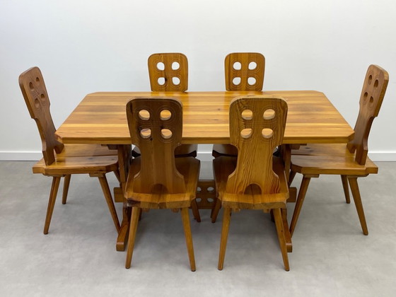 Vintage Brutalistische Eethoek – Tiroler Stijl (6 stoelen) – Eetkamerset, Wood (photo 18 of 18)