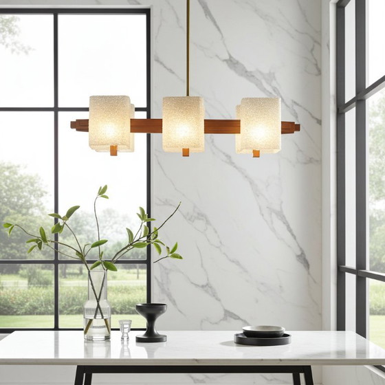 Image 1 of Lampada a sospensione autentica in teak e granito acrilico scandinavo di metà secolo degli anni '60