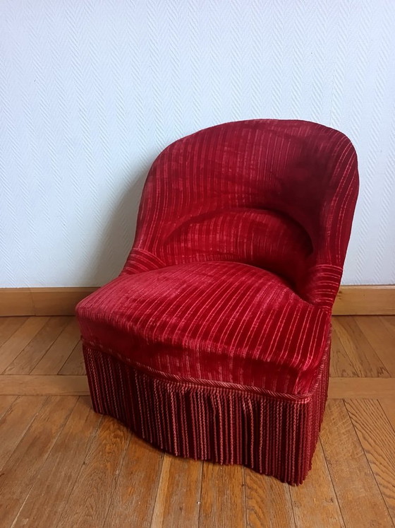 Image 1 of Rode fluwelen paddenstoelfauteuil met franjes