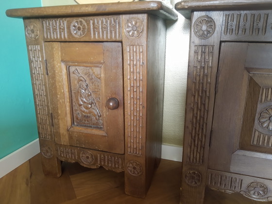 Unieke Set Handgemaakte Antieke Arts&Crafts Art-Nouveau Eikenhouten Kastjes Halkastjes Nachtkastjes, (photo 5 of 15)
