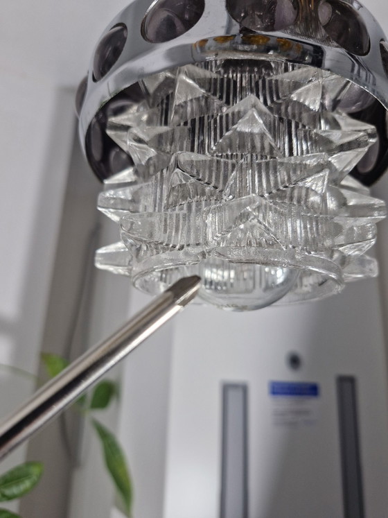 Pendant lamp with four light points, chrome, textured glass and colored accents, Space Age, Ceiling lights (photo 11 of 15)