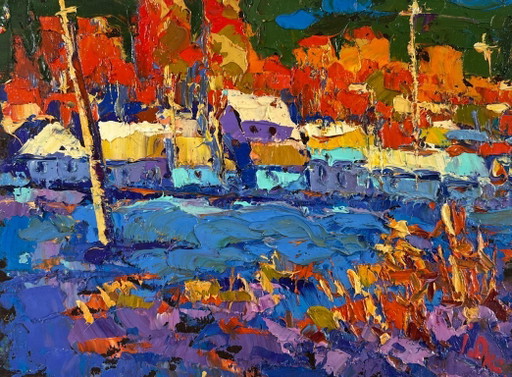 Pintura al óleo original Paisaje de Sunset Village El sol se pone tranquilamente en silencio