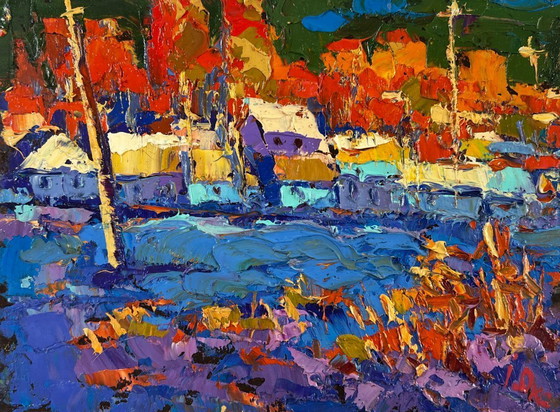 Image 1 of Original Oil Painting Sunset Village Landscape The sun sets quietly in silence
