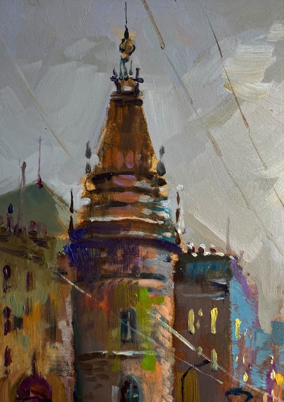 Image 1 of Original Oil Painting Gloomy City Landscape Dynamics of urban life