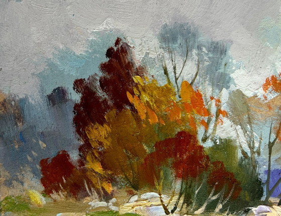 Image 1 of Original Oil Painting Autumn Forest Landscape Twilight of the autumn forest