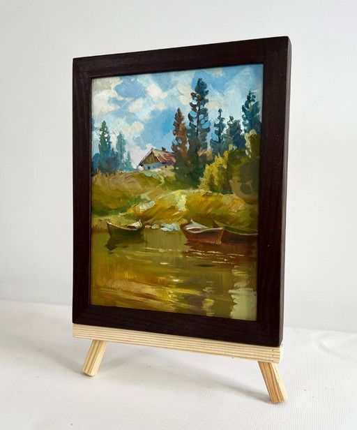 Original Oil Painting Coastal Lake Landscape Silence in nature near the lake