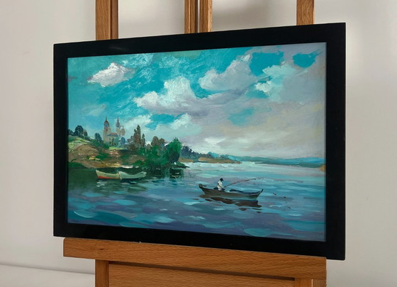 Image 1 of Origineel olieverfschilderij: Zomerkustlandschap, rustig vissen.