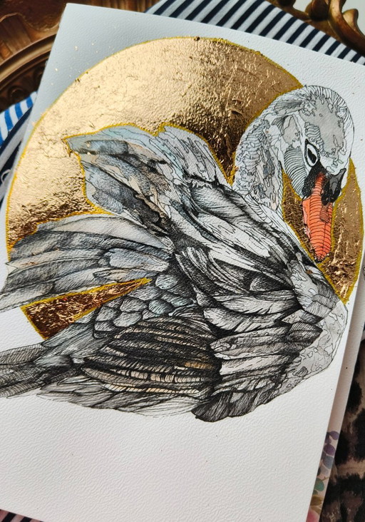 Dibujo original de un cisne con lámina de oro 'Sunset Grace': A4, enmarcado