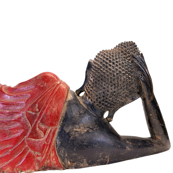 Antique Burmese Teak Wood Reclining Buddha – 19th Century – 102 cm – Sculpture (photo 10 of 11)