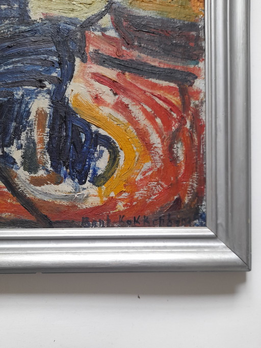 Expressionistisch schilderij van boten door Bent Kokkenberg